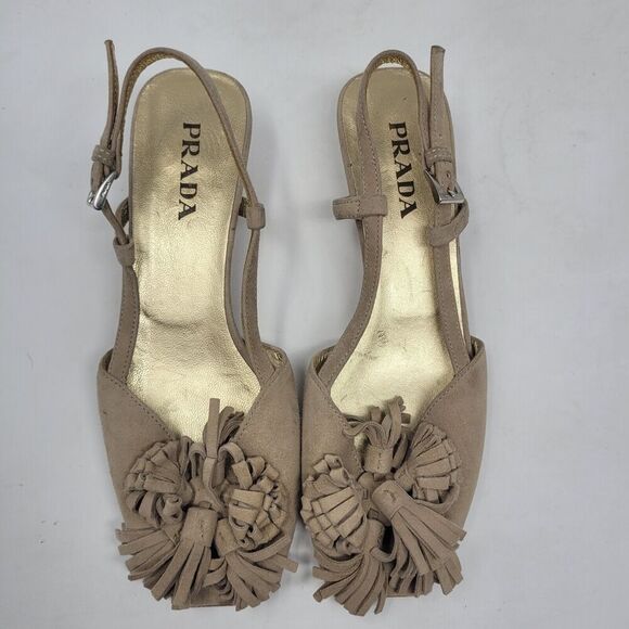 Prada Sandals IT36 US6 Tan Brown Suede Kitten Tassels Peep Toe Slingback Dainty - Picture 5 of 13